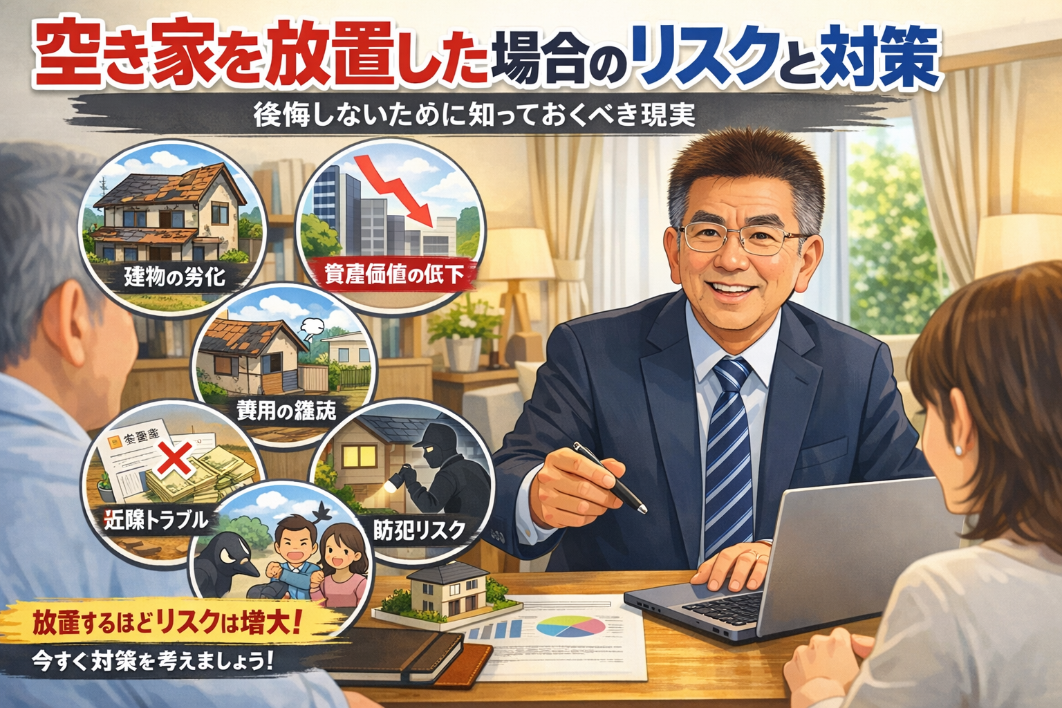 Chat GPTで私の写真をイラスト風に合成「空き家を放置した場合のリスクと対策｜後悔しないために知っておくべき現実」を語るイメージ