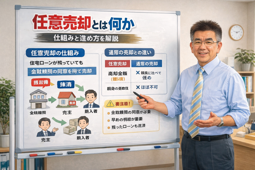 Chat GPTで事務所内で説明している雰囲気を合成「任意売却とは何か｜仕組みと進め方を解説」を説明するイメージ