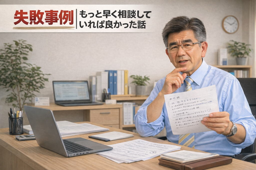 Chat GPTで合成「私が体験した失敗事例｜もっと早く相談していれば良かった話」を説明するイメージ